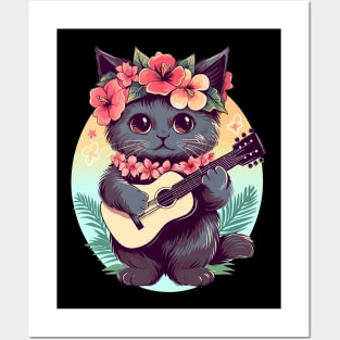 Hawaiian Guitar Music Concert Festival Funny Cat Hawaii Posters and Art